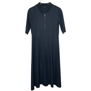 COS Navy Blue Stretch Jersey Knit Zip Front Minimalist Midi Flare Dress